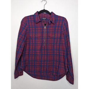 Madewell Red & Blue Plaid Long Sleeve Quarter Zip Top Size Small